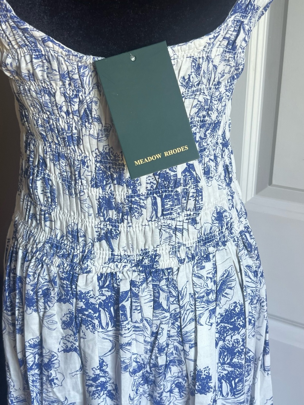 White and Blue Toile Maxi Dress - Smocked Bodice - Picture 4 of 6